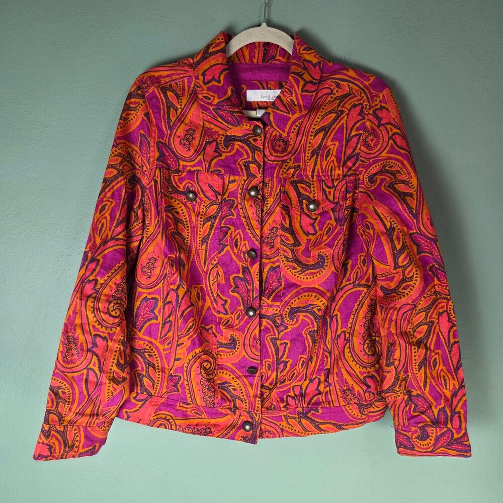Lucy & Laurel Jacket Woman X Vibrant Paisley Print Linen Button Front Colorful